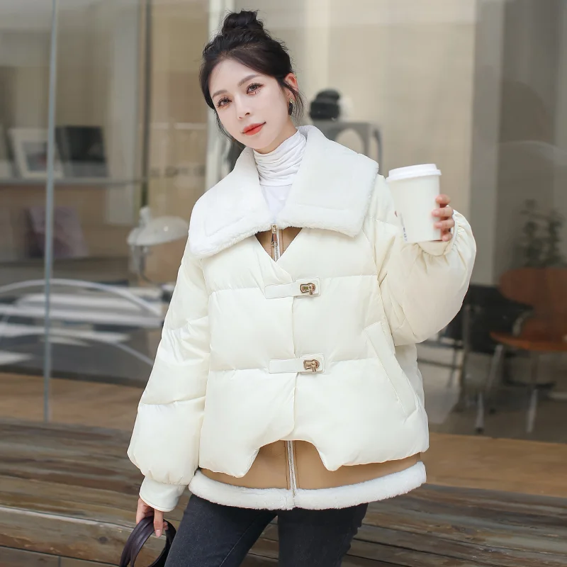 

Winter Warm Jacket Splicing Large Lapel Down Jacket Short Parker Coat Korean Fashion Fake Two Pieces Thickened Bread Down Jacket