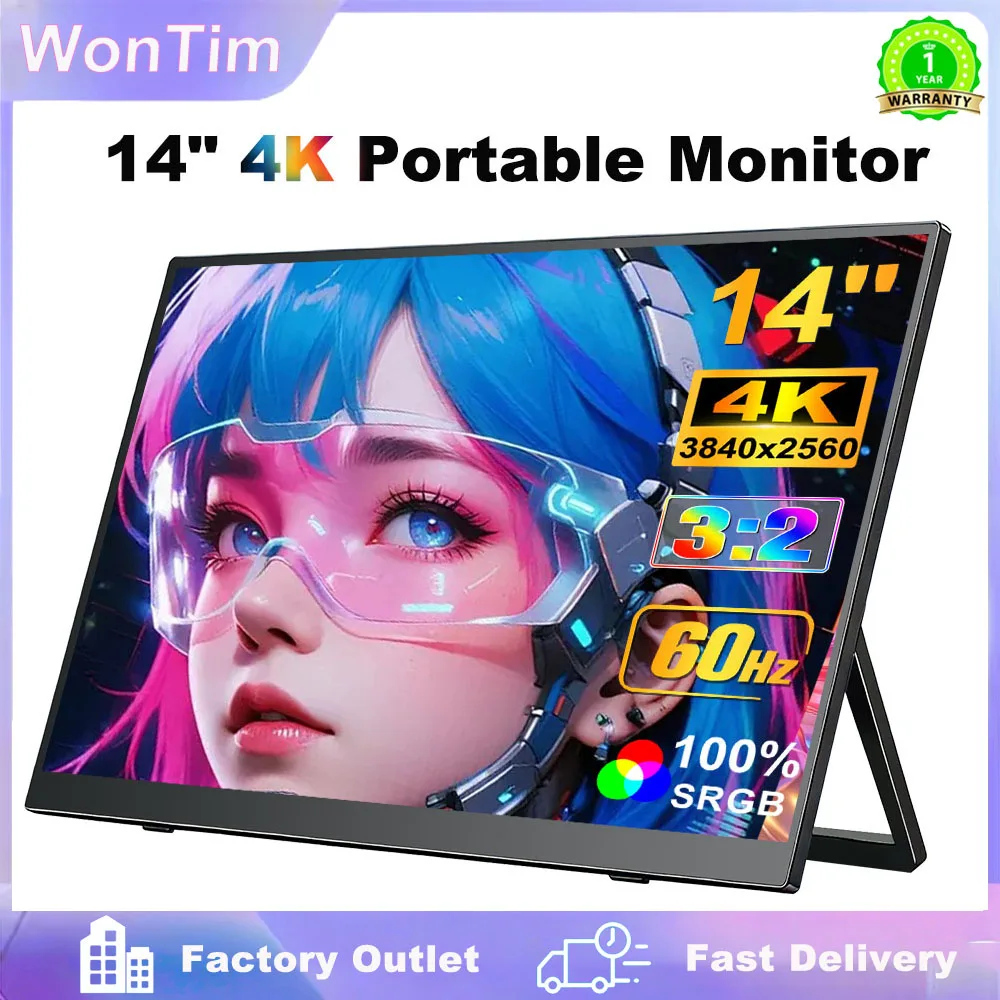 WonTim 4K Portable Monitor 15.6" 3840x2560 IPS Laptop Extend Screen 1200Nits USB C HDMI Computer PC Gaming Display With Speakers