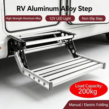 Aluminum Alloy Folding Entry Step LED Light Equipped, Electric & Manual Single Double Layer Foot Step for RV Camper Trailer