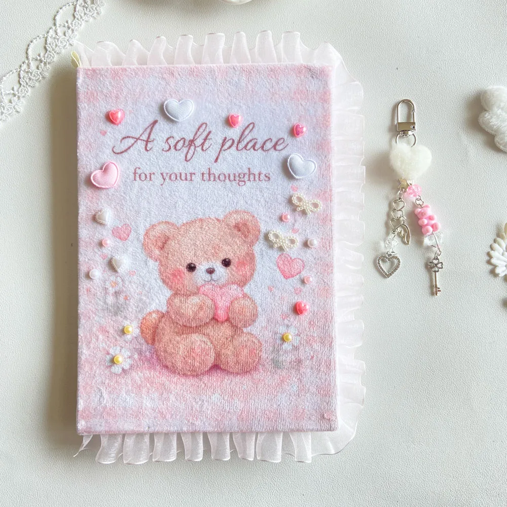 A5 Fuzzy Cover Journal for Girls 96 Pages Lined Notebook with Bear Charm Cute Aesthetic Diary for Student Writing & Journaling
