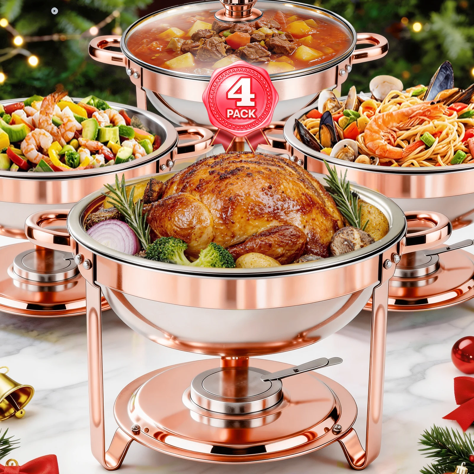 Chafing Dish Set Gold-Plated 5QT Round Warmer Server Stainless Steel 316 with Glass Lids – Premium Buffet & Hot Pot Serving for Parties Buffets Weddings Birthdays 1/2/4/6 Pack