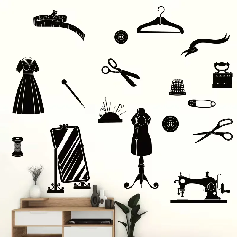1pc Black Retro Sewing Machine Wall Sticker Tailor Shop Decoration Sewing Equipment Sticker