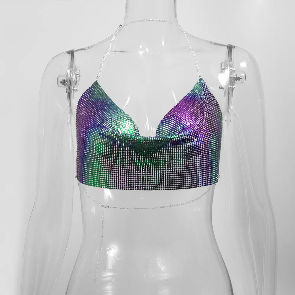 Top corto sexy in metallo metallizzato da donna Beach Halter Corsetto Top Glitter Backless Party Club Canotta Abbigliamento Top Canotta Croppe