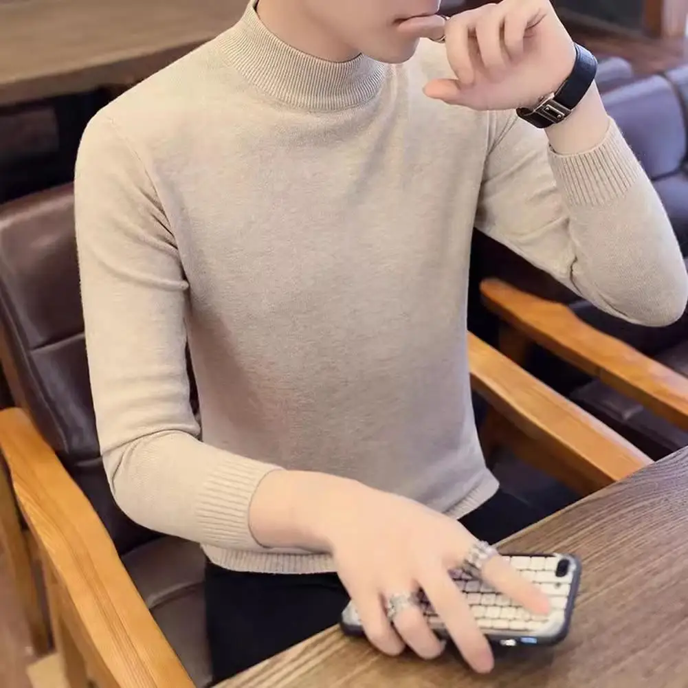 Slim Fit Sweater Men's Half-high Collar Knit Sweater with Plush Lining Slim Fit Warm Solid Color Bottoming Knitwear for Fall