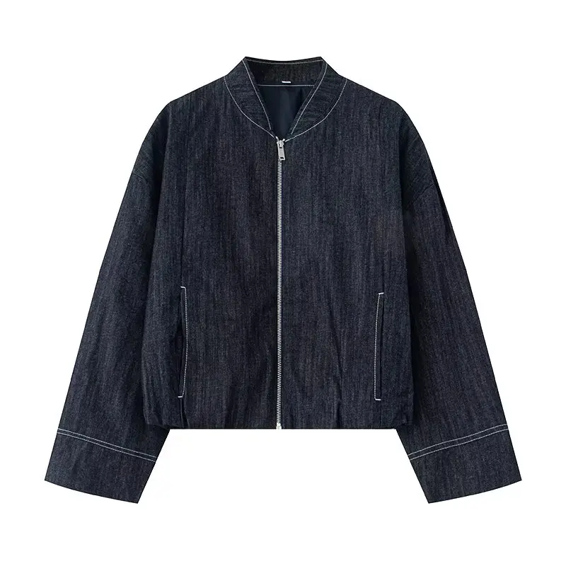 

JNLEAOG Spring New Women's Faion Design Deep Blue Denim Pilot Jaet Loose Fit Pure Color Long Sve Zipper round Ne Coat