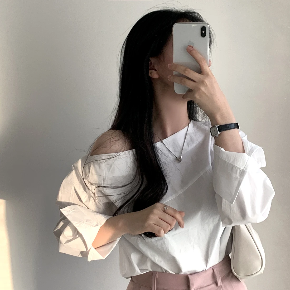 Korean Style Chic Off-Shoulder Loose Shirt All-match Versatile Lantern Long Sleeve Blouse Spring White Tops Blusas Mujer De Moda