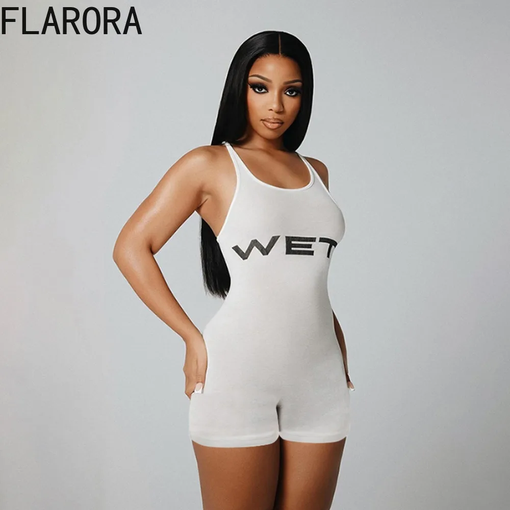 FLARORA Casual Letter Print Rompers Woman Solid Sleeveless Skinny One Piece Playsuits Female Stretch Activity Romper Sportswear