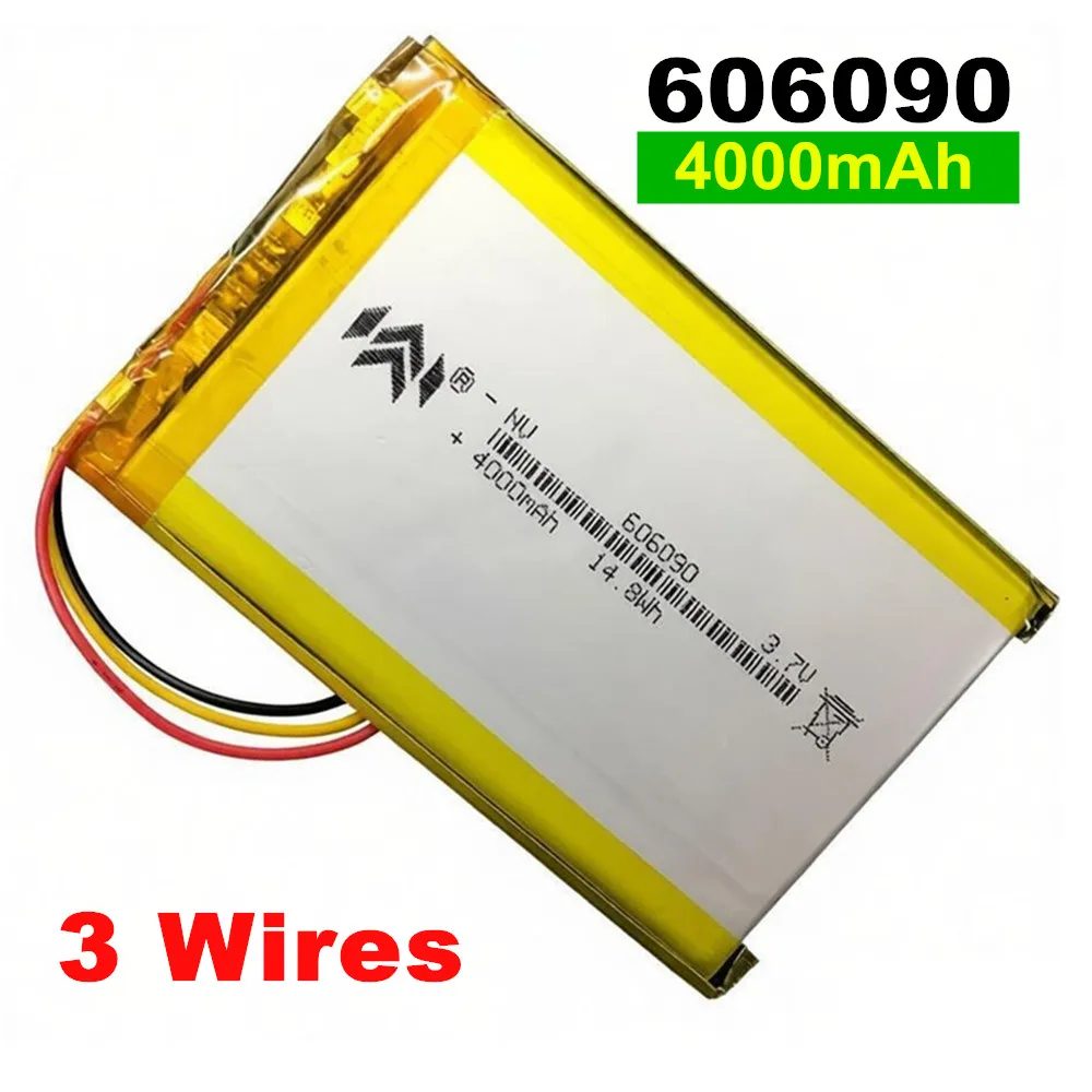 3.7V 4000mAh 606090 Polymer Lithium Rechargeable Battery 3 Wires For GPS Bluetooth Speaker Tablet PC LED Light DashCam Keyboard