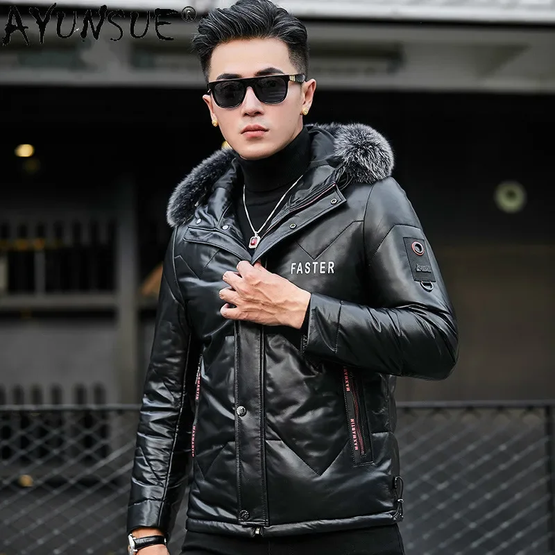 

AYUNSUE Down Jacket Men Clothing Winter Coat Real Fox Fur Collar Clothes Hooded 100% Sheepskin Leather Jackets Mens Ropa LXR542