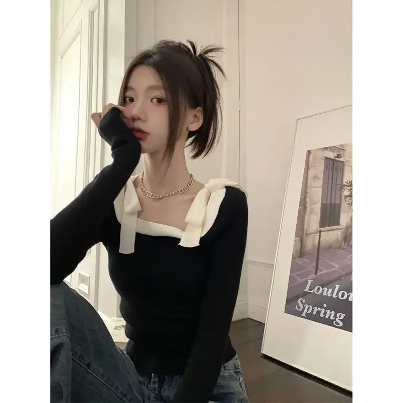 Shirts for Women Jersey Sweater Slim Sexy Crop Tops Retro Square Bow Black  Knitted Blouse Spring Elegant Chic