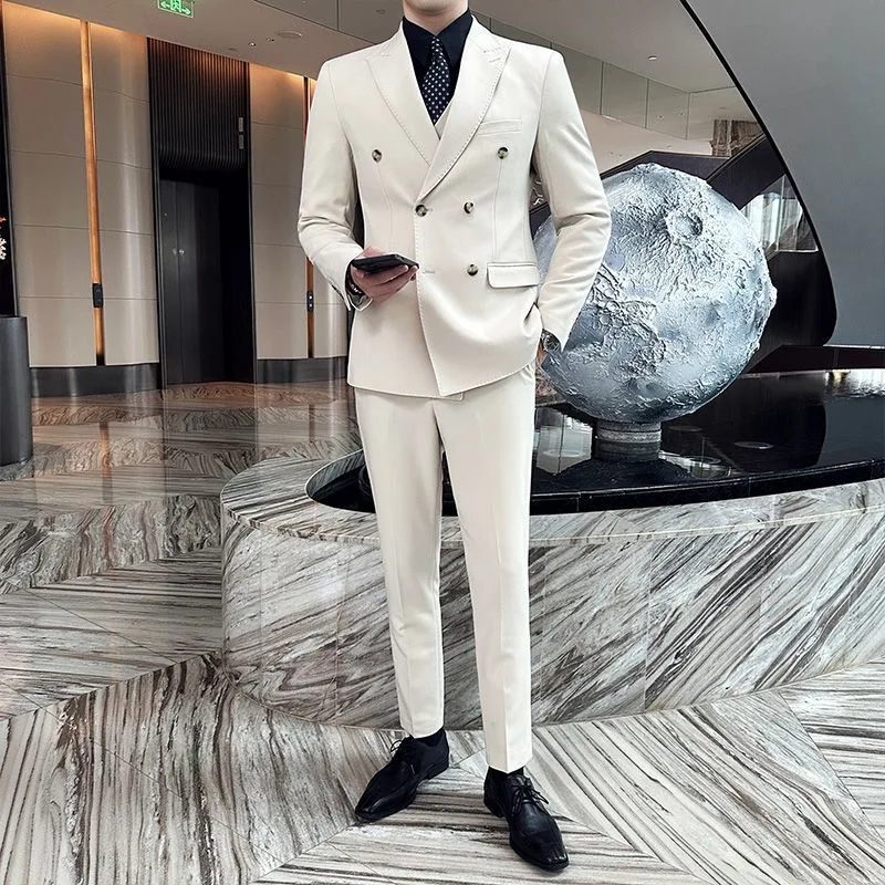 221 Groom's suit, men's white double-breasted suit, Korean style slim fit youth fashion suit