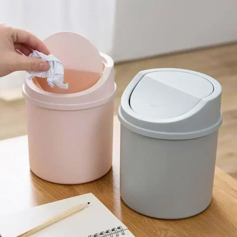 Mini Waste Bin Trash Can Desktop Garbage Basket Table Roll Swing Lid Small Scissors Pencil Household Office Storage Accessories