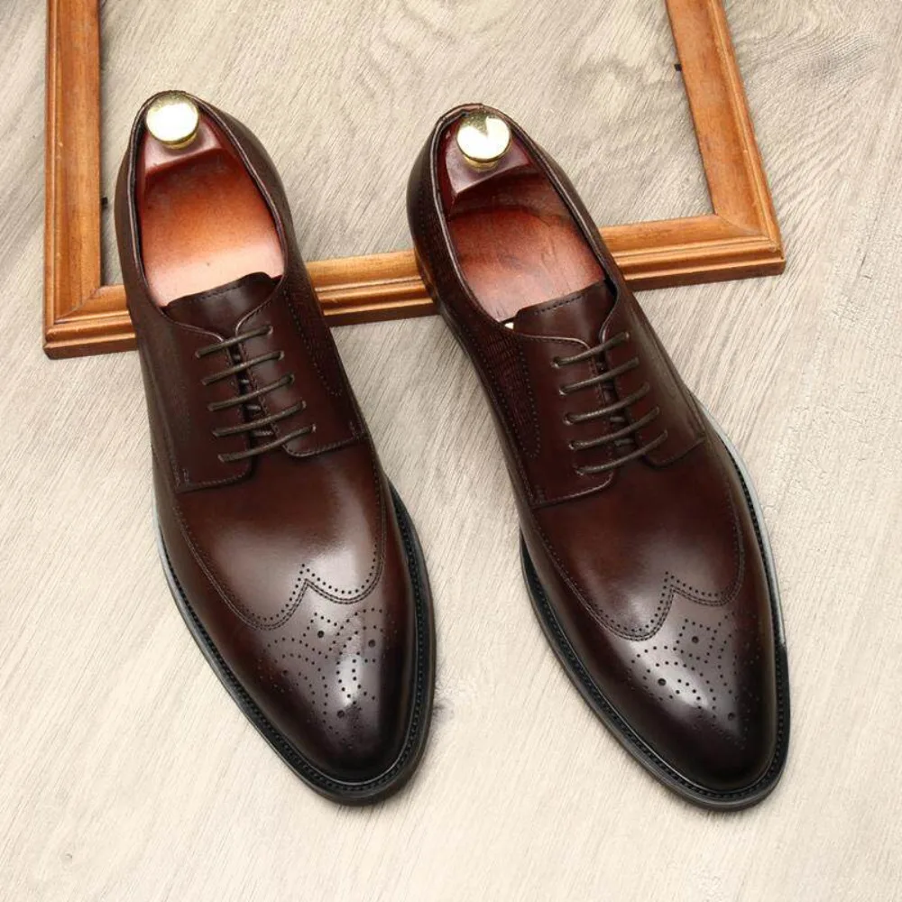 Summer Mens Genuine Full Grain Leather Brogue Dress Shoes Pointed Toe Lace Up Formal Business Wedding Shoes