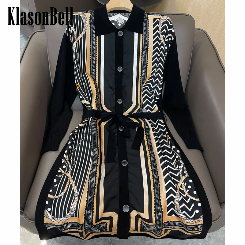 9.25 KlasonBell Vintage Silk Print Pattern Long Sleeve With Belt Long Knitted Cardigan Women