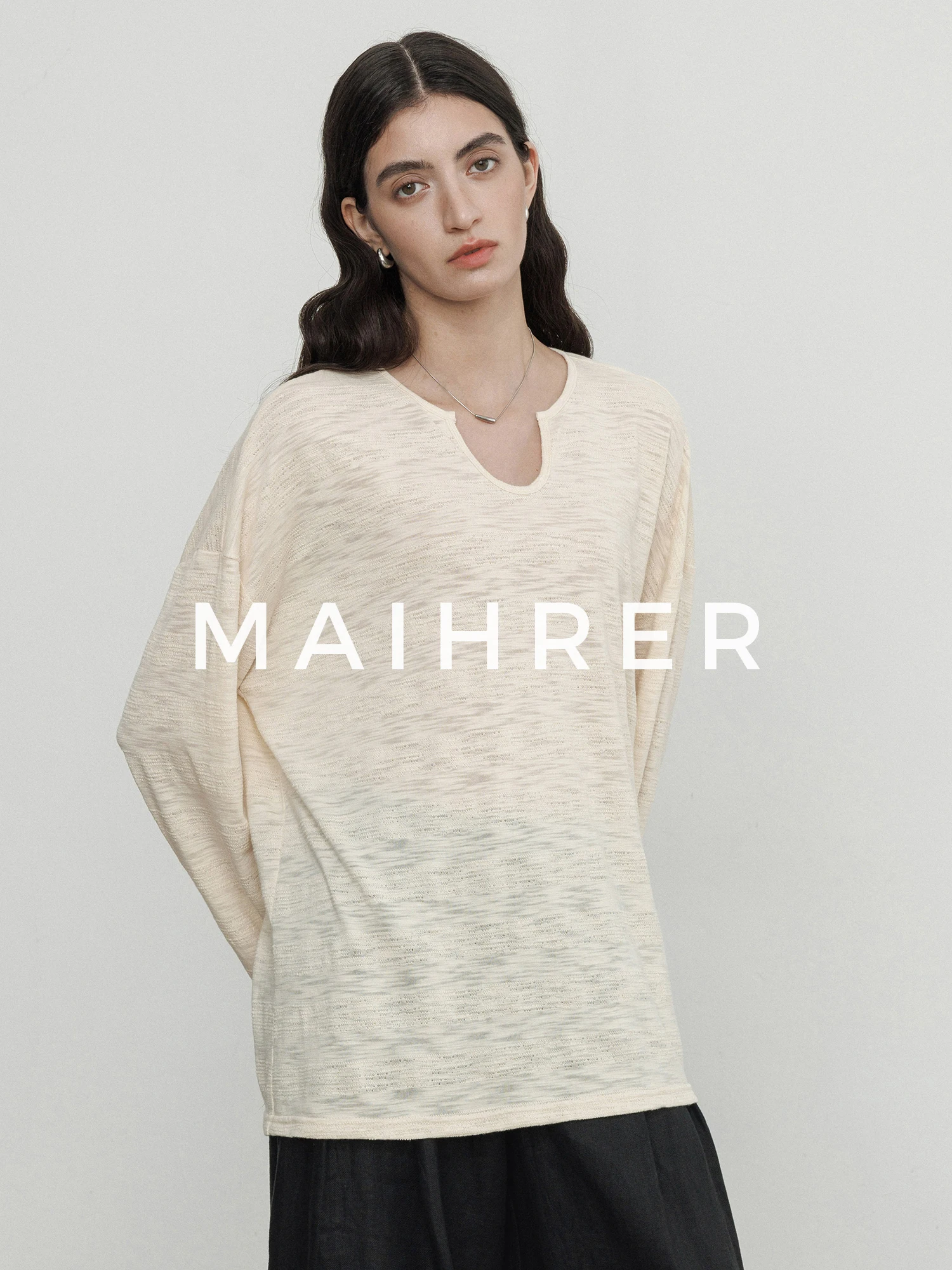 

Повседневная свободная футболка с длинным рукавом для женщин, весна-лето, новый стиль, шикарная, непринужденная, полупрозрачная, из смесового хлопка и полиэстера