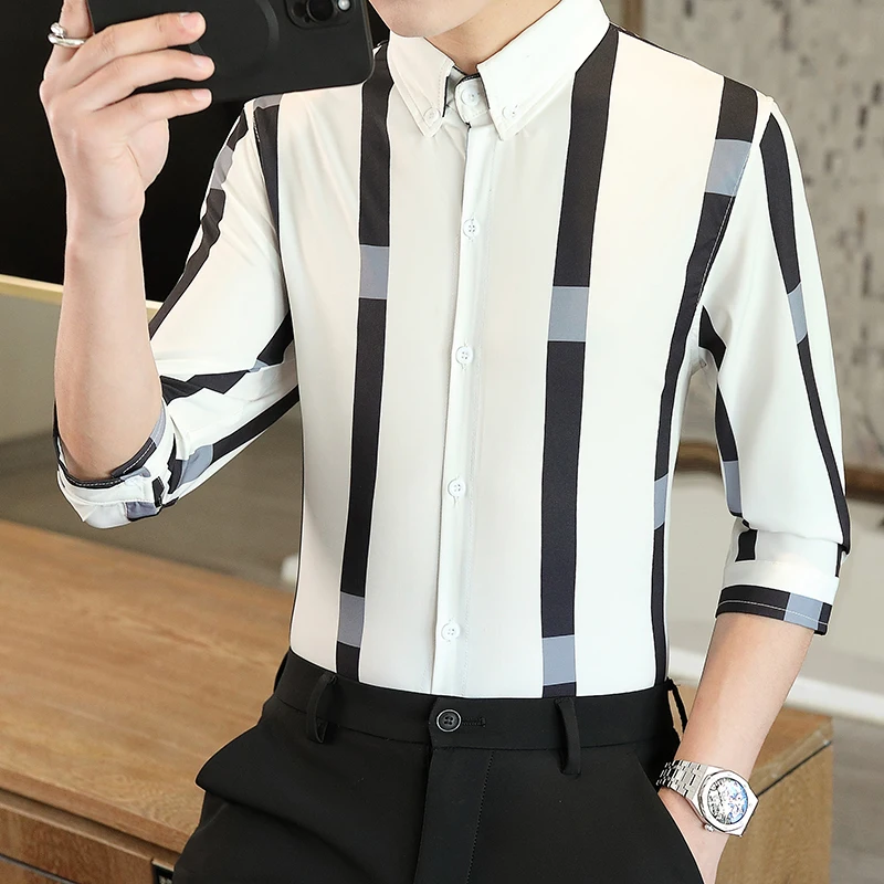 High Quality 2024 Summer New Men's Striped Shirts Outwear Tops Tees Business Casual Slim Fit Blouses Three Quarter Sleeve Shirt image 2