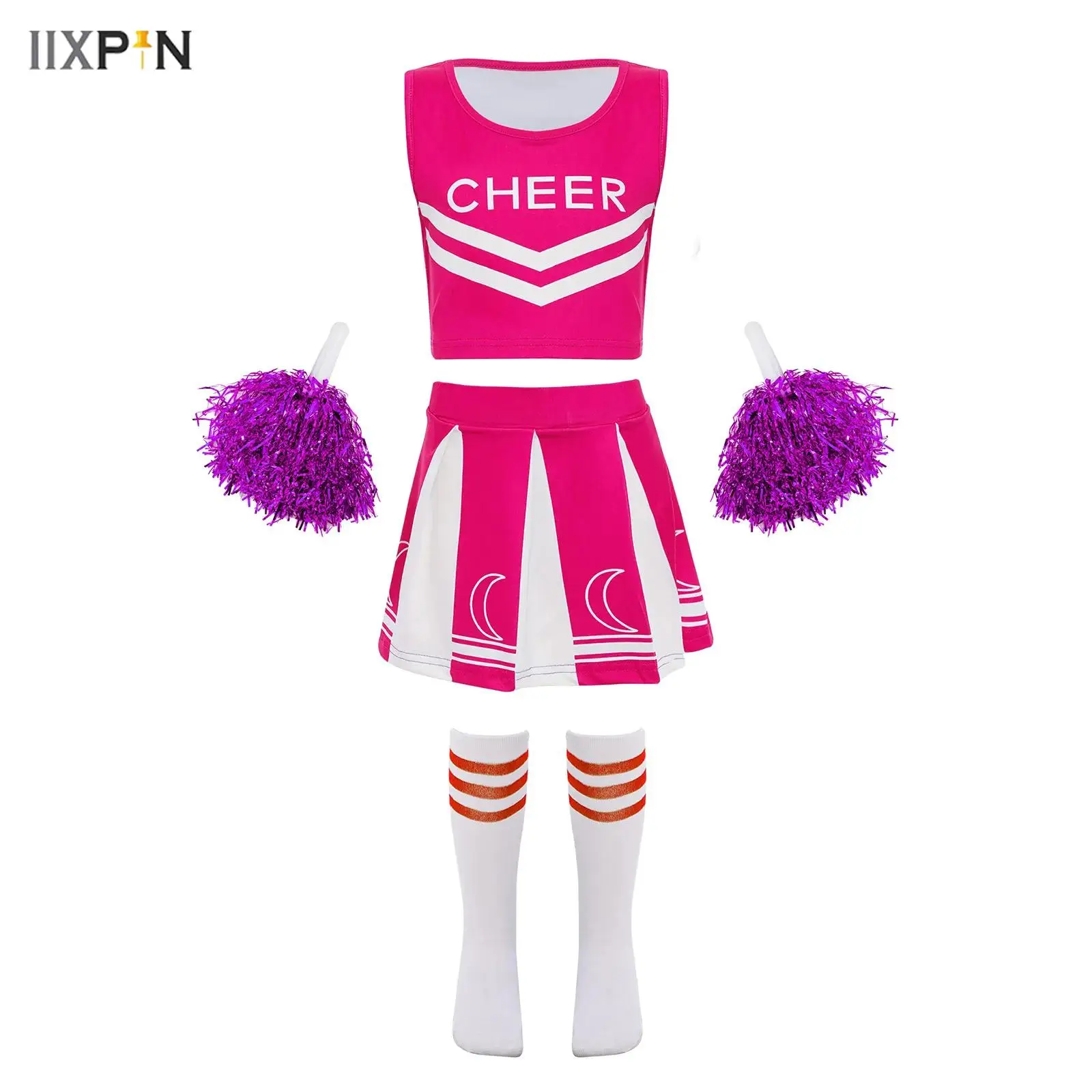 

Kids Girls Cheerleading Dance Performance Outfit Sleeveless Letter Print Crop Top+Pleated Skirt+2Pcs Flower Balls+1 Pair Socks