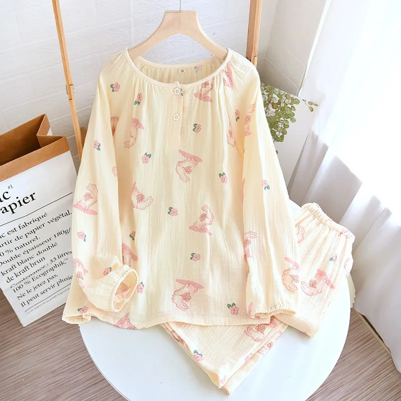 2023 New Spring and Autumn Women\'s Pajama Set 100%Cotton Crepe Pullover Long Sleeve Pants Two Piece Loose Floral Home Clothing