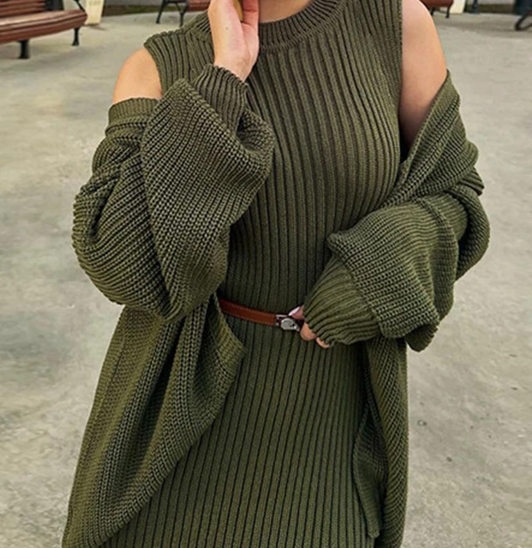 Women\'s Autumn and Winter Fashion Suit Casual Lazy Style Knitted Sweater Tank Maxi Dress and Loose Cardigan Long Sleeved Top Set