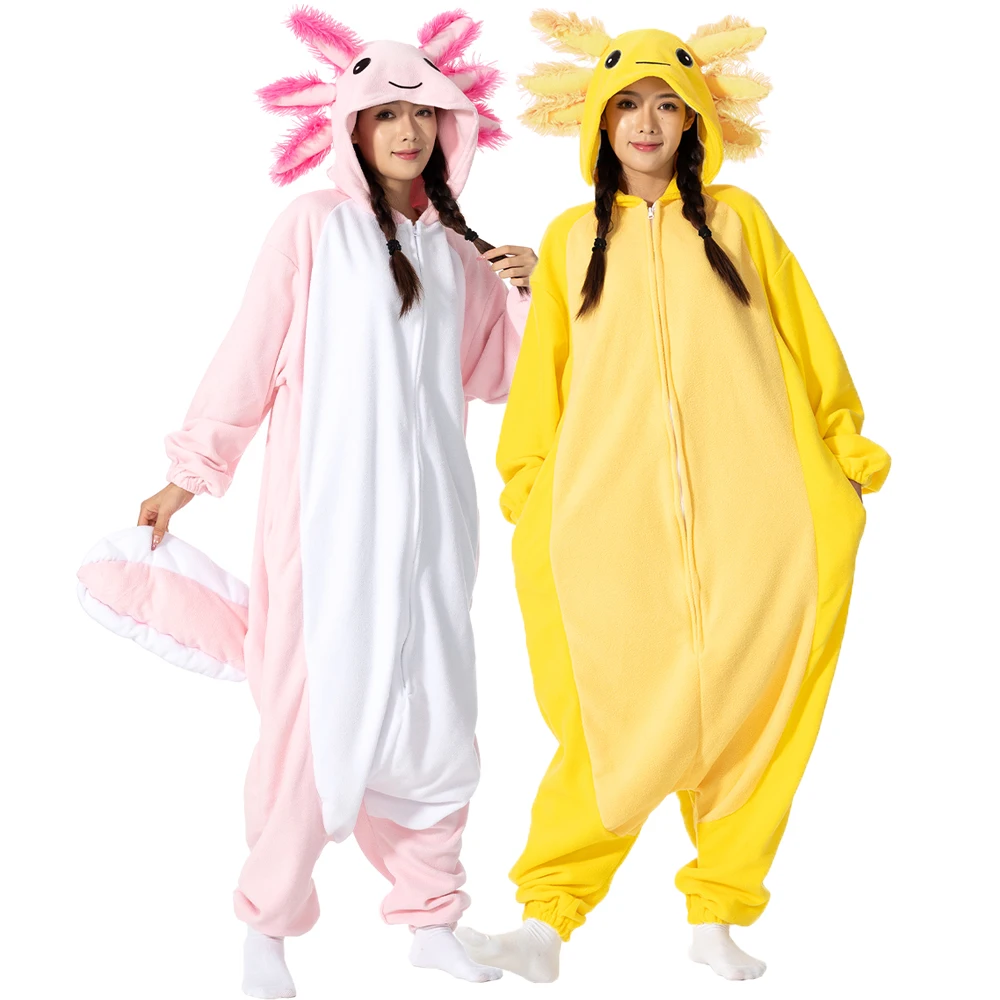 Piyama Halloween Onesie dewasa piyama Axolotl merah muda kartun untuk wanita piyama Kigurumi hewan kostum pesta Cosplay