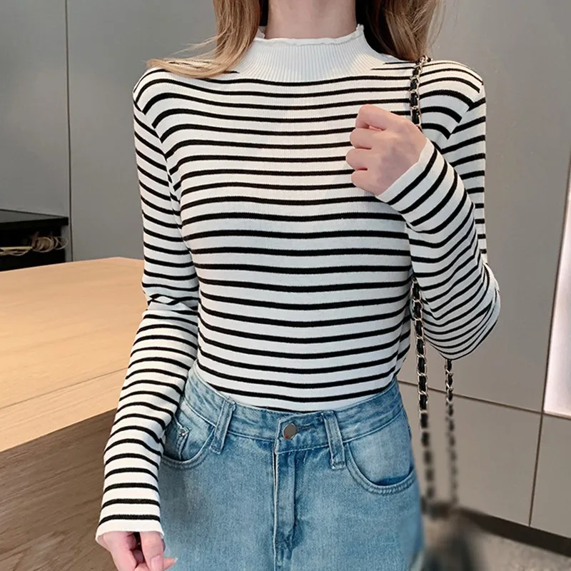 Camisola feminina versão coreana listrada meia gola alta bordas enroladas moda casual malha top de manga comprida
