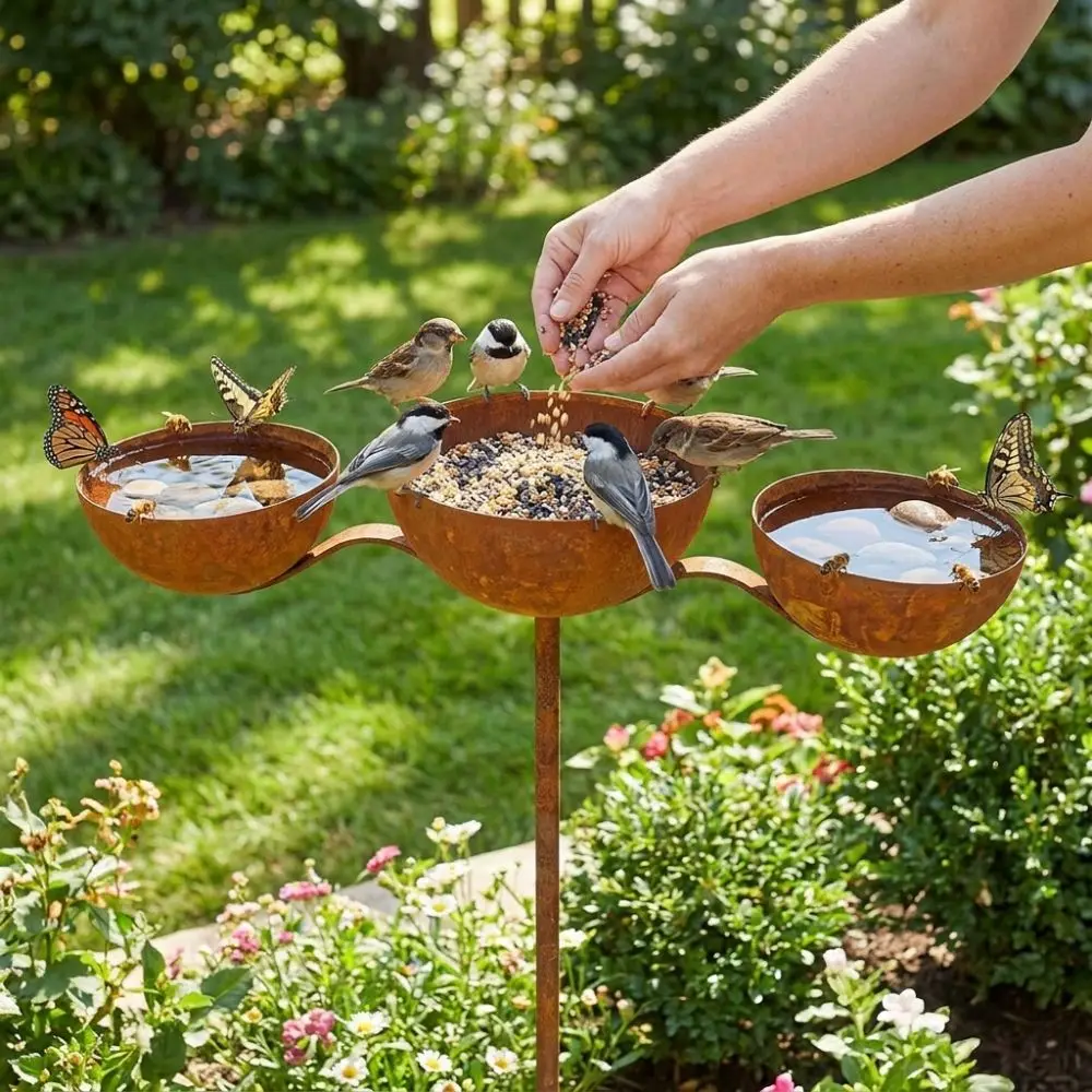 Bird Food Container Rotatable 3-Tiered Bird Bath Rusted Metal Garden Rain Catcher Vintage Iron Handmade Birdbath Stand Lawn