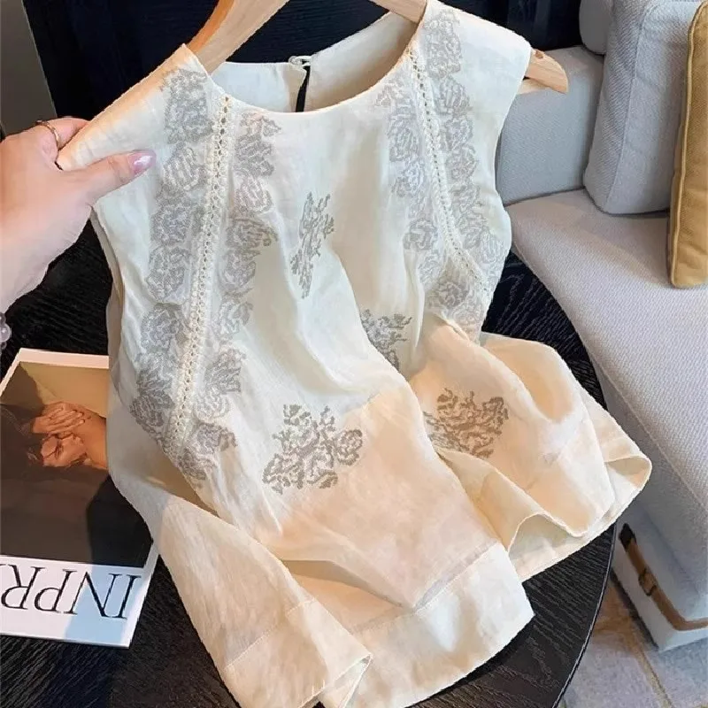 Retro Artystyczna Bawełniana Lniana Haftowana Okrągła Kamizelka Bez Rękawów Ele irt Damska Letnia Cienka Regularna Długość Jednolity Kolor