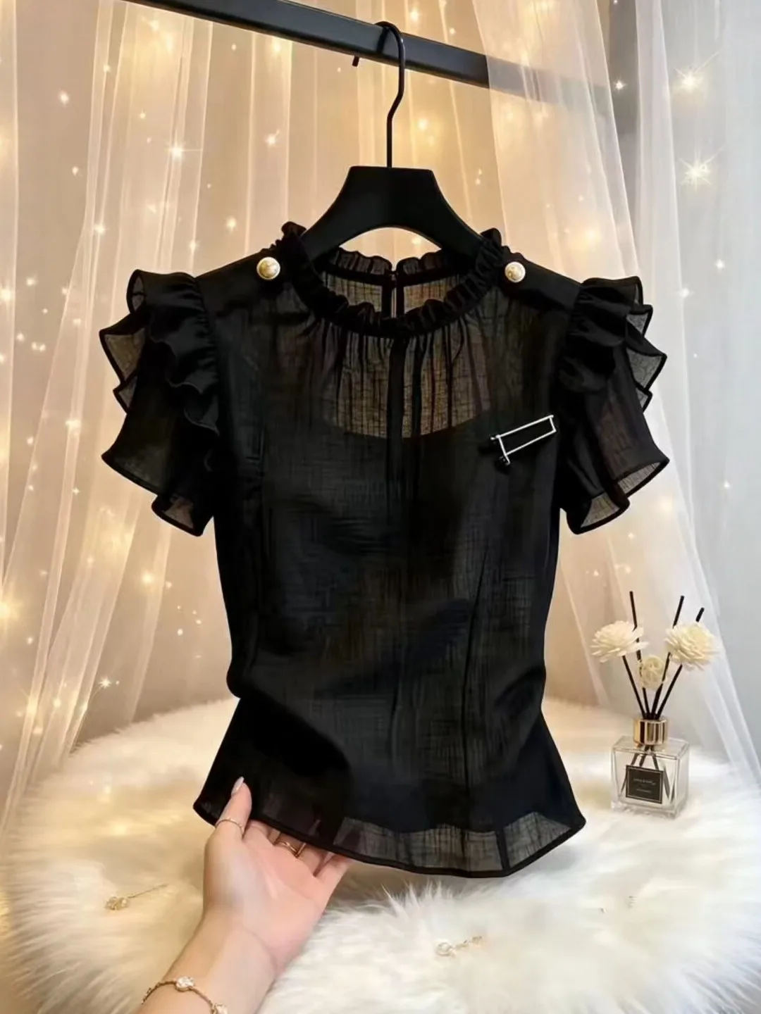 

Elegant Black Lace Trim round Neck Shirt Women's Lightweight Summer New Style Fashionable Mesh Splice Short Sleeve Top