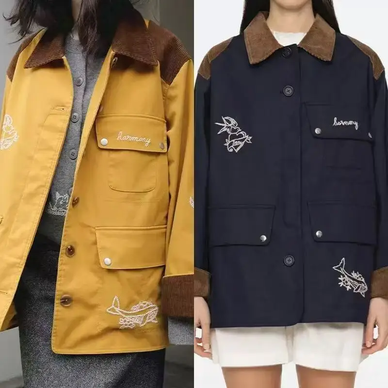 

French Style Loose Fit Embroidered Corduroy Shirt Jacket Women's Autumn Winter Fashion Outerwear Collar Long Sleeve Coat