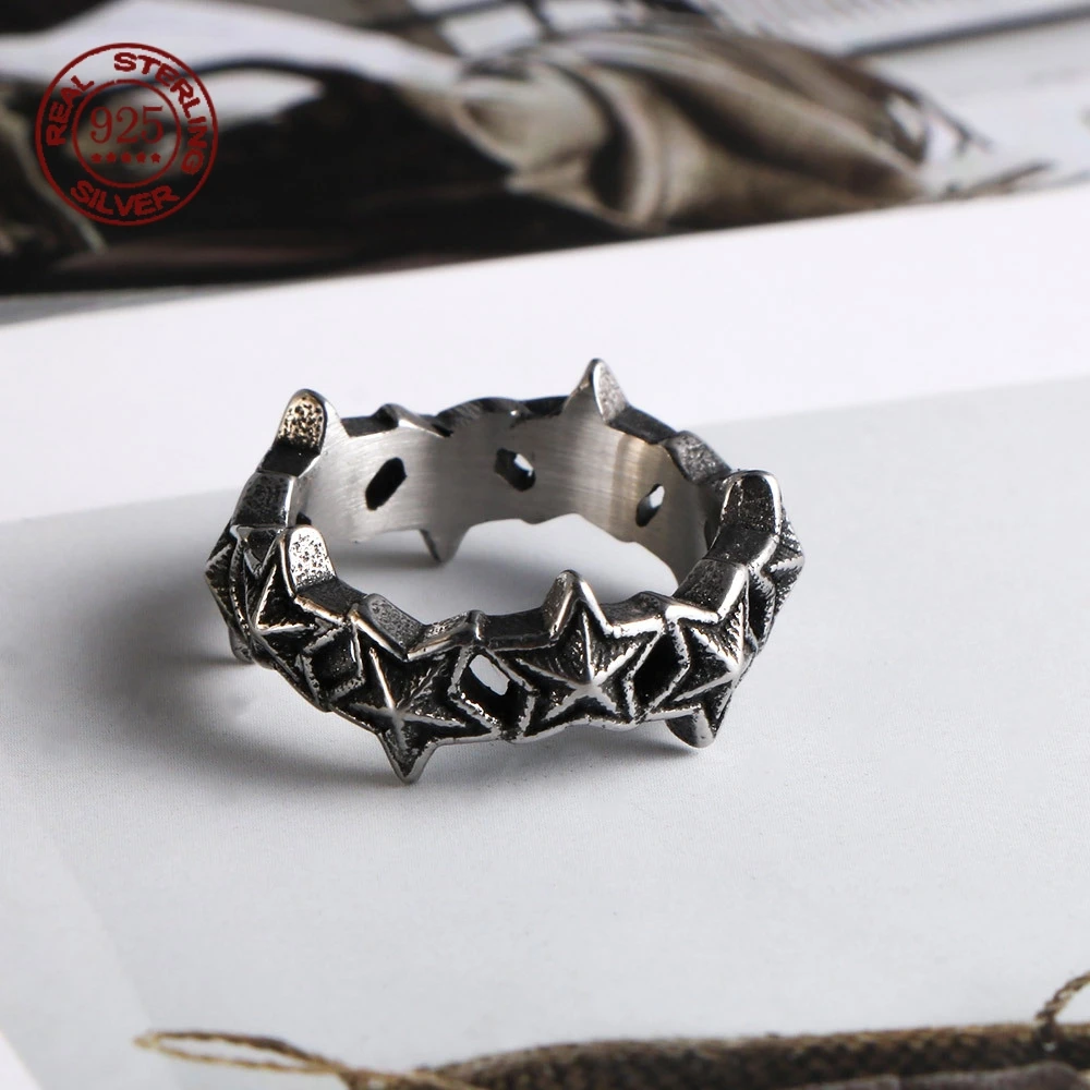 S925 Sterling Silver Five-Pointed Star Ring Thin Circle Couple Ring Retro and Individual Punk Motorcycle Ring Party Jewelry Gift