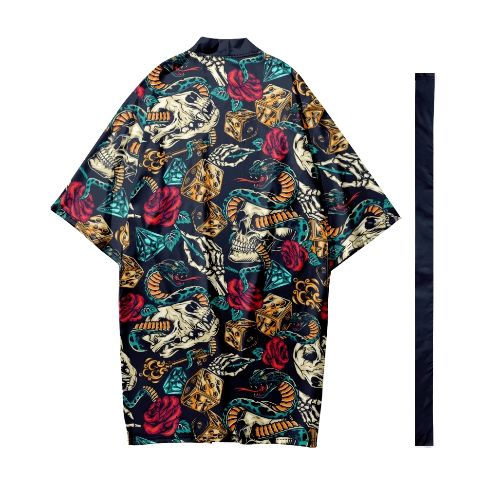 Men's Japanese Traditional Skull pattern Stripes Long Kimono Cardigan Samurai Bathrobes Kimono Shirt Yukata Jacket 2