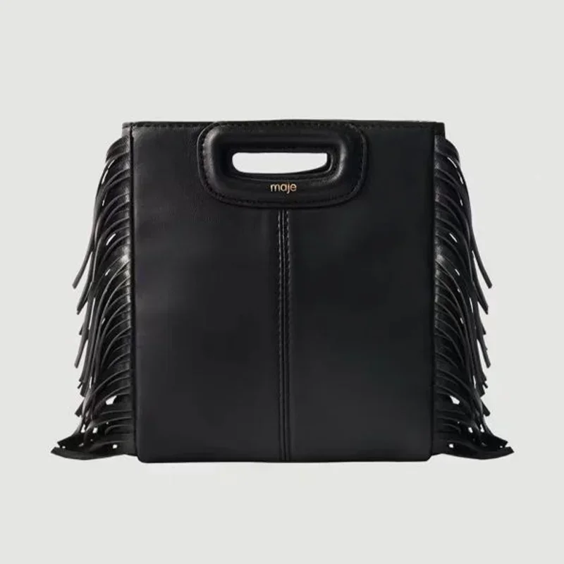 Maje Handbags New Fashionable Women Tassel Bag MAJE Black PU Leather Crossbody Bag Luxury Design Retro Shoulder Bag