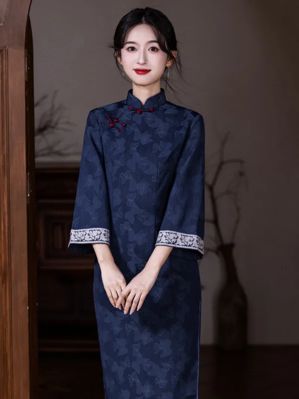 

National Sle Improved Long Sve Qipao Dr Традиционное китайское модное длинное платье в стиле ретро для женщин старше 35