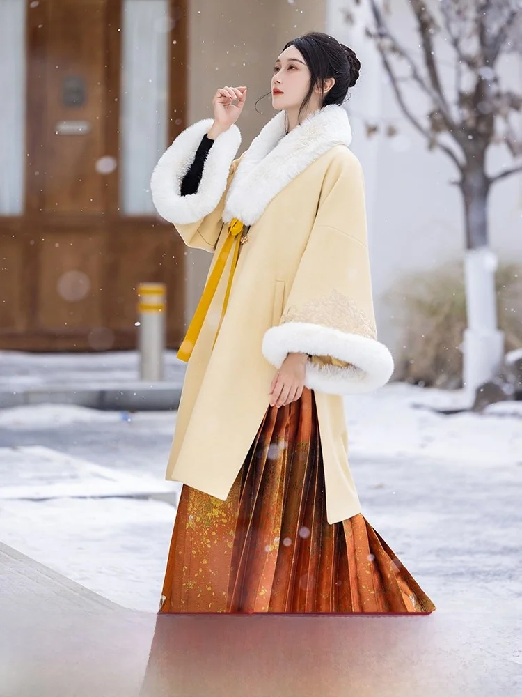 

Оригинальное пальто Ming Dynas с меховым воротником, осенне-зимняя модная верхняя одежда и юбка Hanfu с цветочным узором и ушками