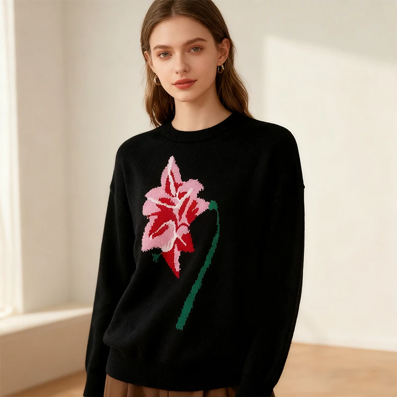 

Women's Pullovers Sweaters Color Flower Fashion Round Neck Knitted Streetwear Knitwear Clothing Vintage Top Oversized Harajuku