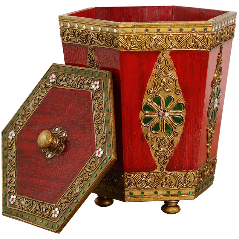 

South East Asia Household Living Room Trash Can with Lid Wood Large Trash Can Bedroom Kitchen Dining Room Trash