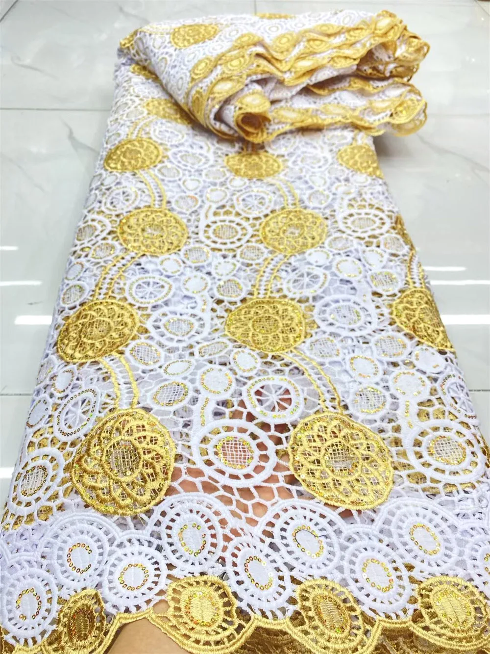 

Water Soluble Lace Fabric 5 Yards White Gold Sequence Embroidered Tulle luxury African Cord Nigeria Water Soluble Cloth CO1223