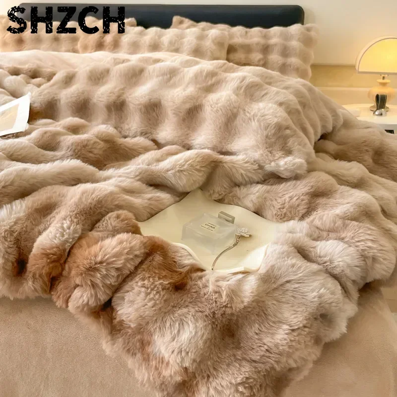 4pcs Grey Rabbit Fur Bedding Set Thick Milk Plush Winter Duvet Cover Warm Bed Sheets, Queen Size Four Piece Set  Bedroom Decor