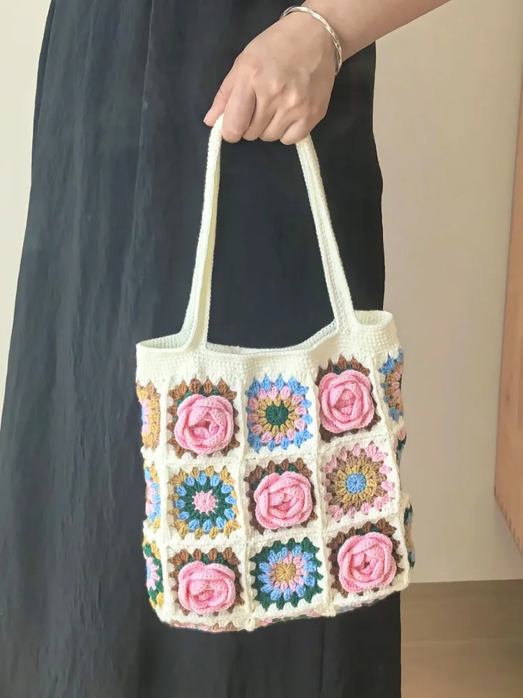 

Hand Knitted Camellia Wool Bag DIY Crochet Material Kit Single oulder Bag Gift for andma Hook Needle Knitting Yarn