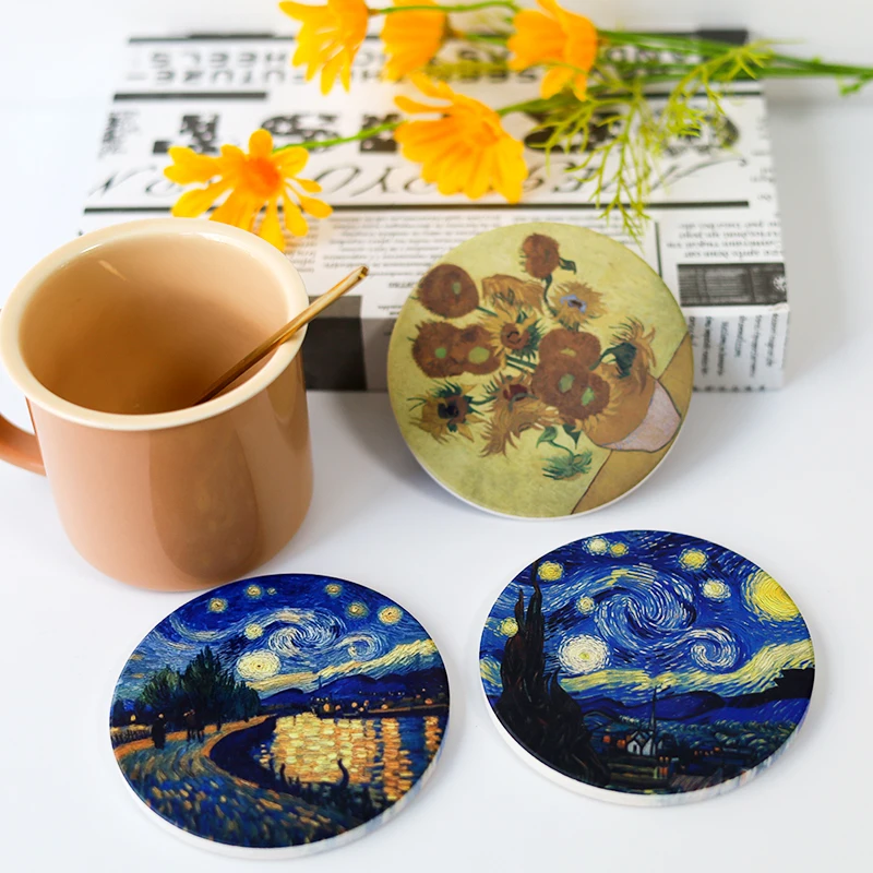 

1PCS Ceramic Coaster Cork Material Non-slip Van Gogh Starry Sky High Temperature Cup Mats Round Pad Kitchen Items Accessories