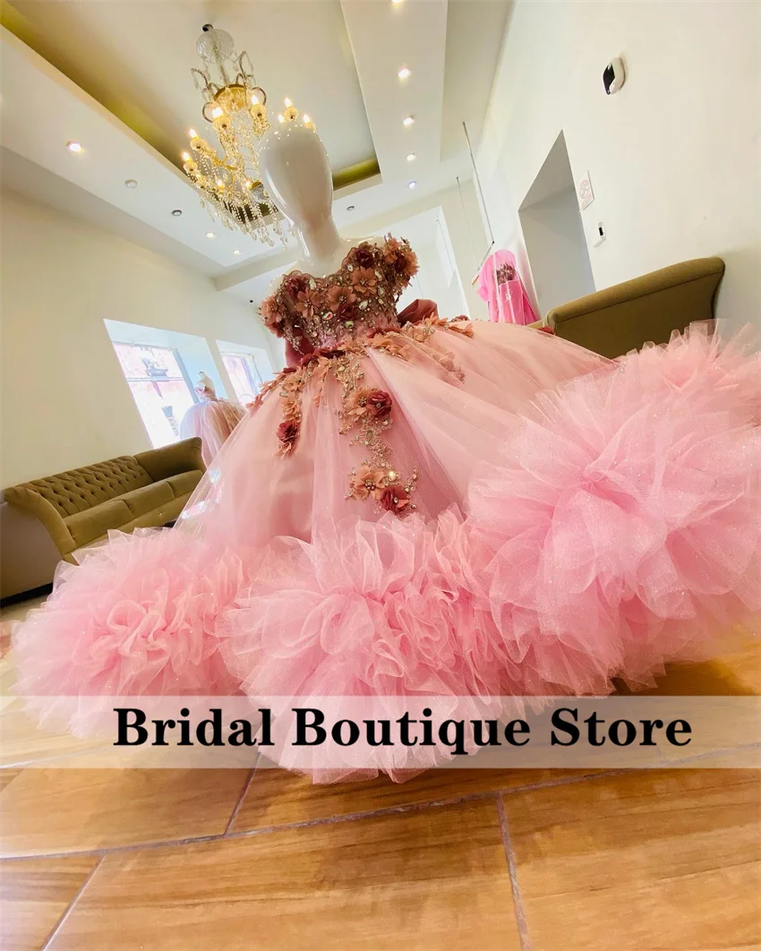Luxury Pink Princess Flower Girl Dresses Luxury Applique Crystal Bow Lovely Infant Child Birthday Ball Gown Customsized