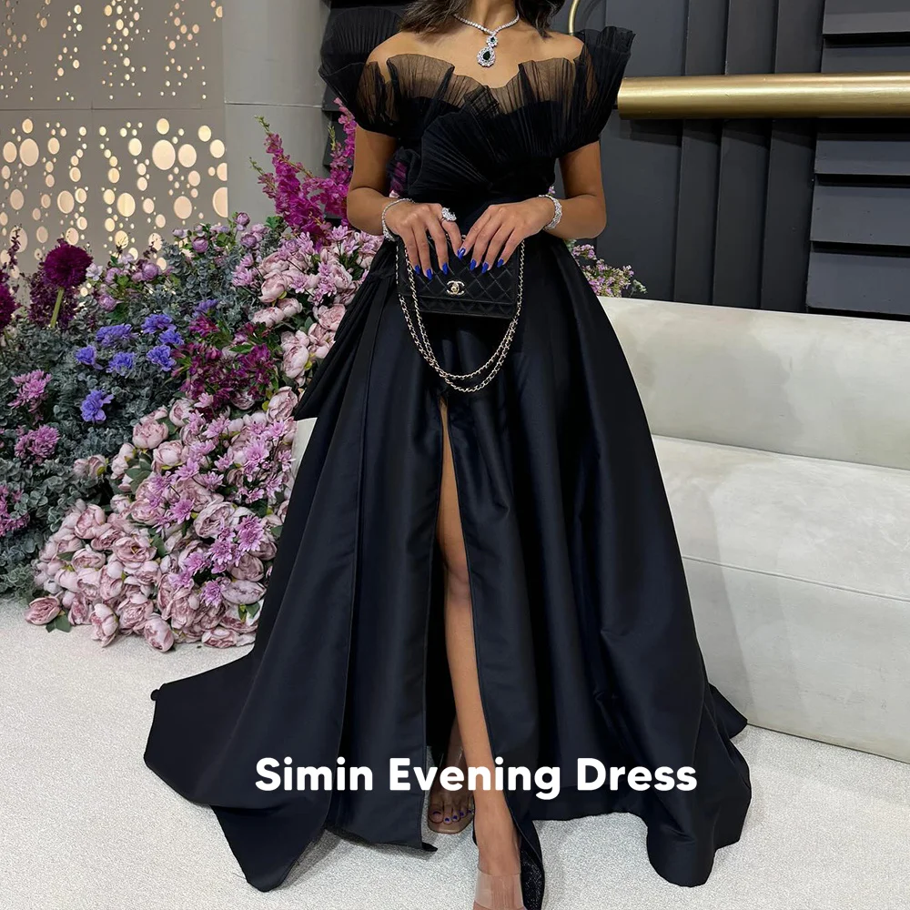 

Simin женские атласные вечерние платья трапециевидной формы без бретелек с разрезом из тюля и оборками с короткими рукавами, вечерние элегантные вечерние платья 2025