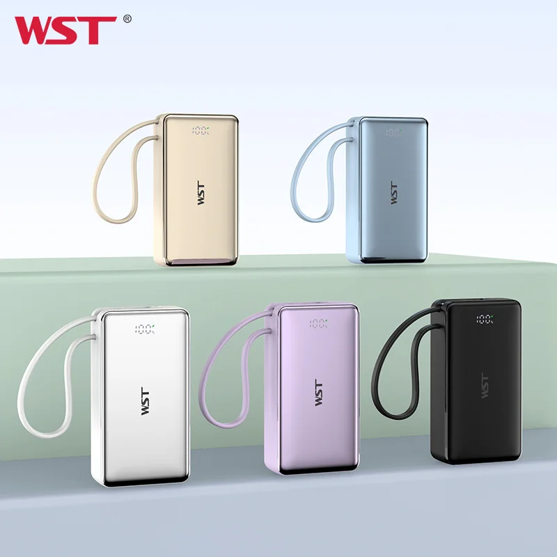 WST High Quality Power Banks LED Digital Display Fast Charging Mini Li-ion Battery 10000mah Built in Cable Power Bank