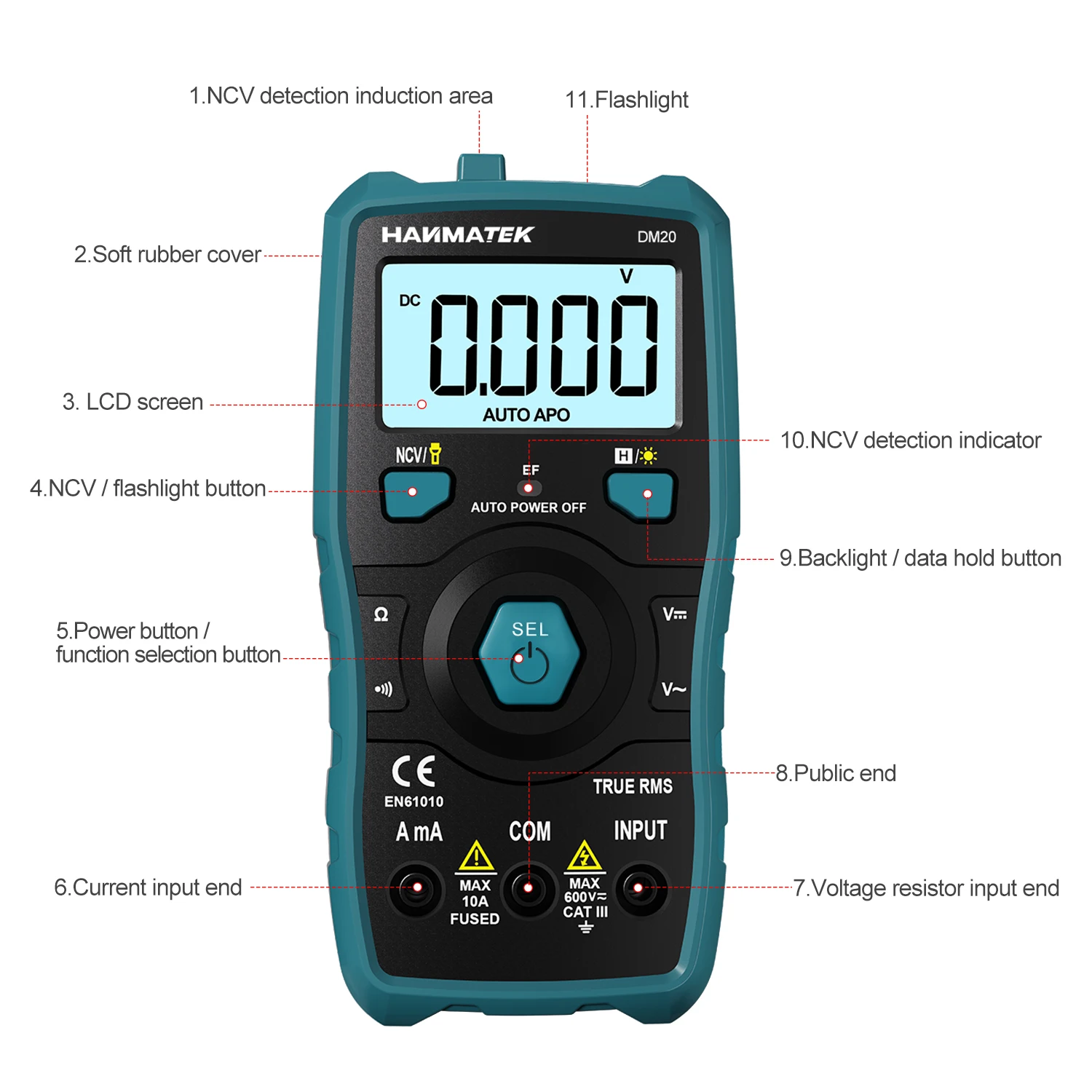 Hanmatek Digital Multimeter AC/DC Votage Current Transistor Tester Electrical NCV Test Meter Profesional Analog Auto Range