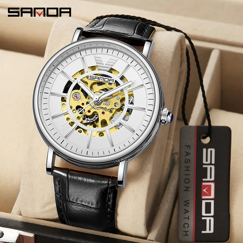 

SANDA Automatic Mechanical Watch Men Fashion Skeleton Dial Design 30M Waterproof Genuine Leather Strap Steampunk Reloj Hombre