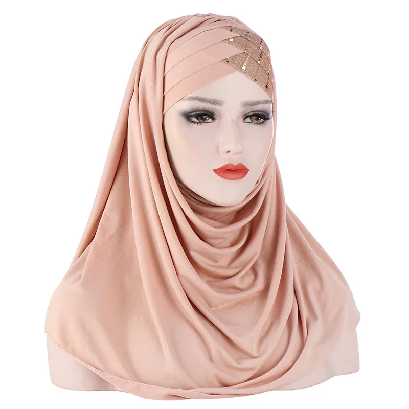 1PCS Women's Muslim Headscarf Hat Solid Color Fashion Sequined Patchwork Scarf Shawl Islamic Dress Accessories Baotou Hat