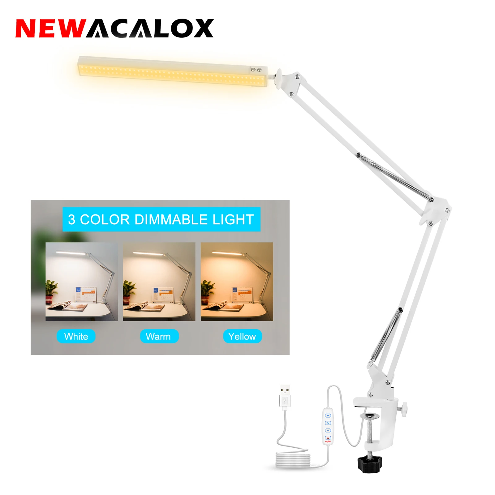 NEWACALOX 80 PCS SMD LED Lights Three Section Long Arm Eye Protection Desk Lamp 12W USB Dimmable Folding Clip Lamp for Study