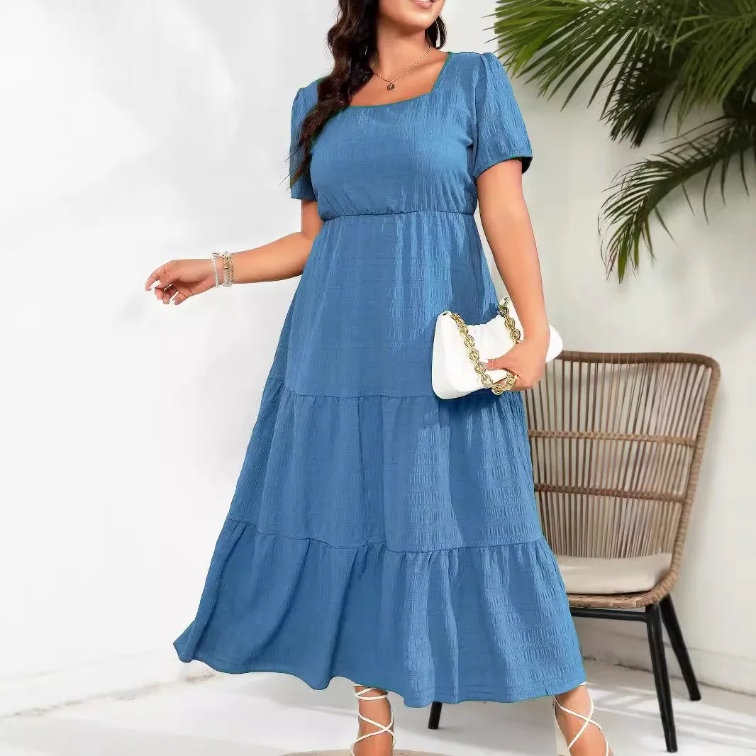 Ele plus Size Dres with kets ort Sve Square Collar Ba Gathered Women's Faion Cross-Border Gown