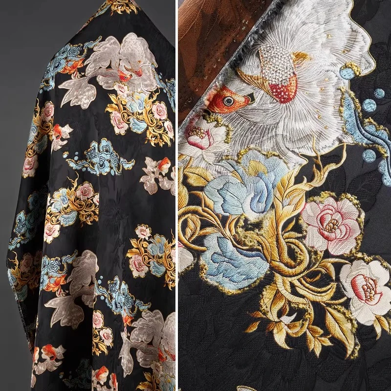 Black Goldfish Floral Xiangyunsha Hualuo Fabric Vintage Cheongsam Hanfu Traditional Chinese Blouse Breathable Dress Material