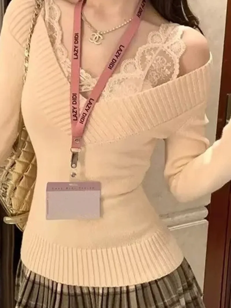

2024 Autumn/winter V-neck Long Sleeve Reducing Age Knitted Pullover Women Solid Color Slim Casual Versatile Sweater PSC5